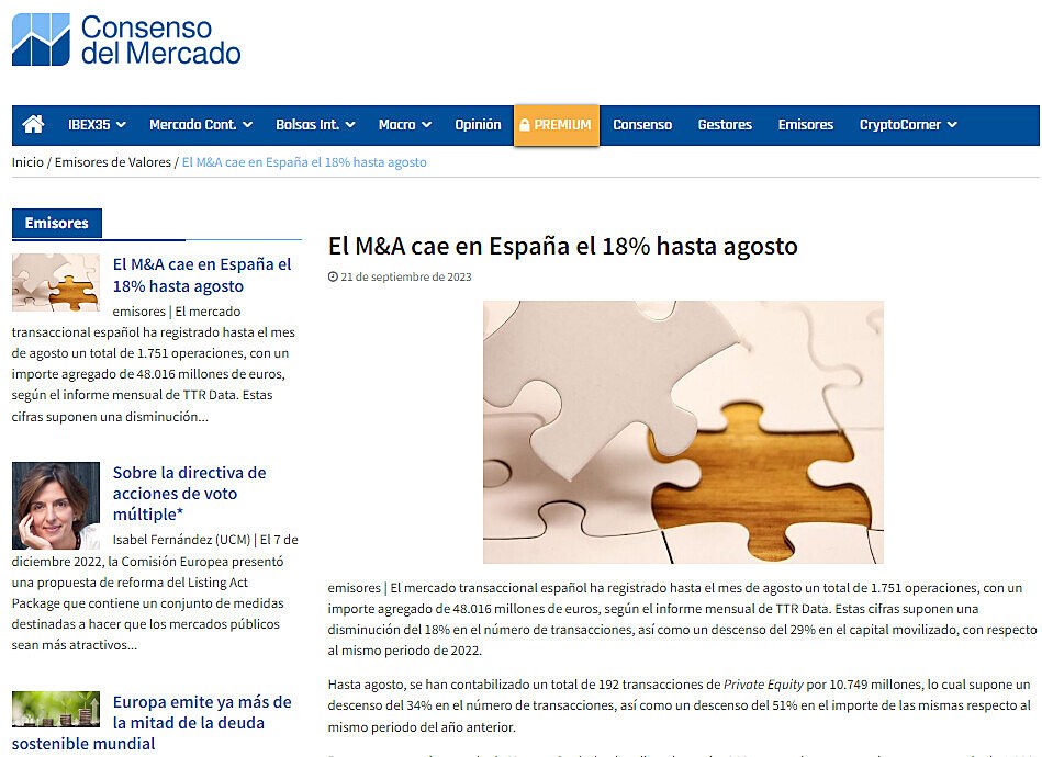 El M&A cae en Espaa el 18% hasta agosto